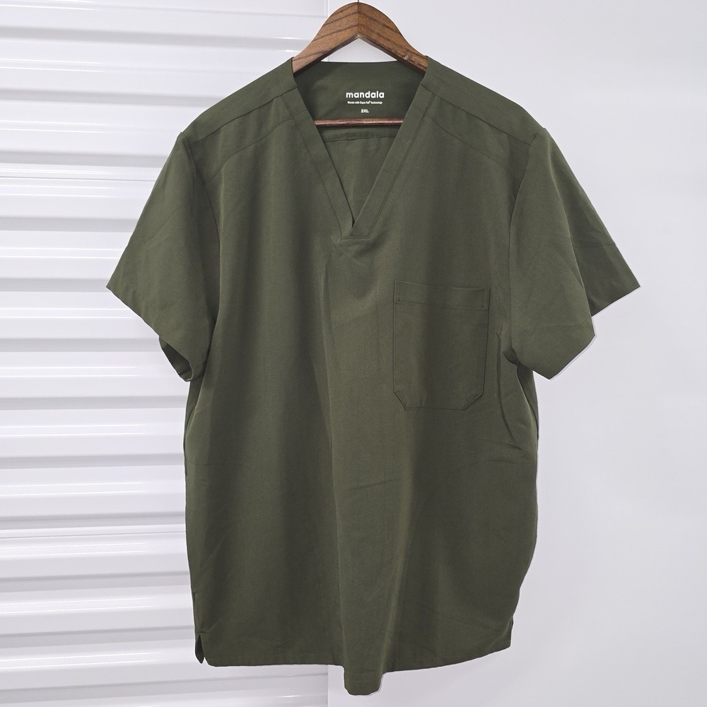 Mandala Scrub Top 2XL Olive Green V Neck Short Sleeve Medical Uniform